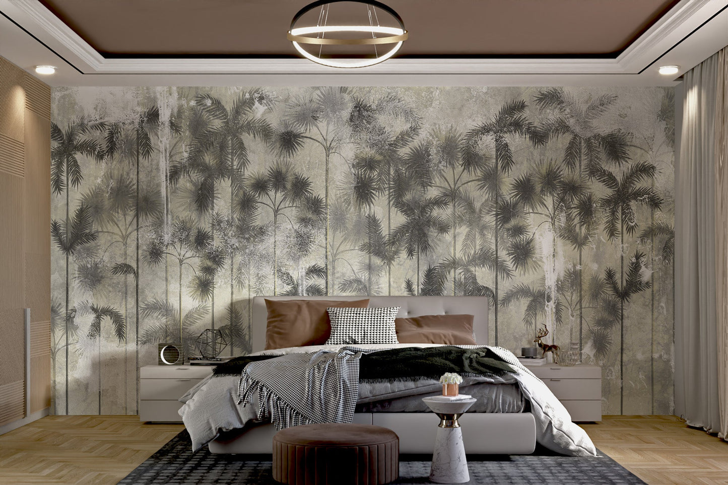 Tropical palm trees mural on textured wall mural in a bedroom.