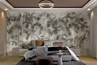 Tropical palm trees mural on textured wall mural in a bedroom.