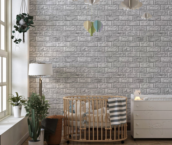 Rustic Vintage White Color Brick Wallpaper in a nursery with a wooden crib.