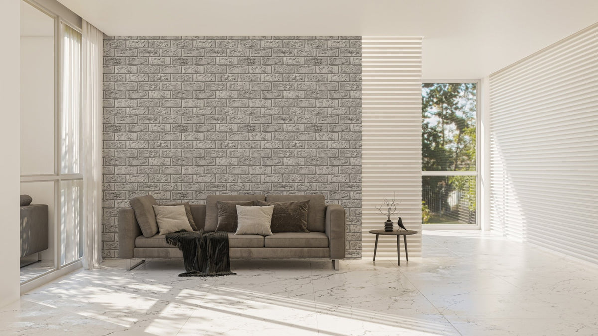 Rustic Vintage White Color Brick Wallpaper in a bright minimalist living room.