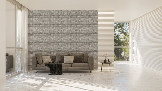 Rustic Vintage White Color Brick Wallpaper in a bright minimalist living room.