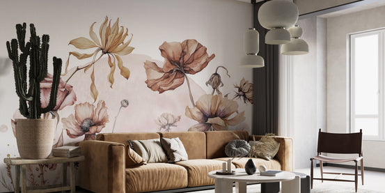 Rustic wildflowers wall mural wallpaper in beige and dusty rose tones.