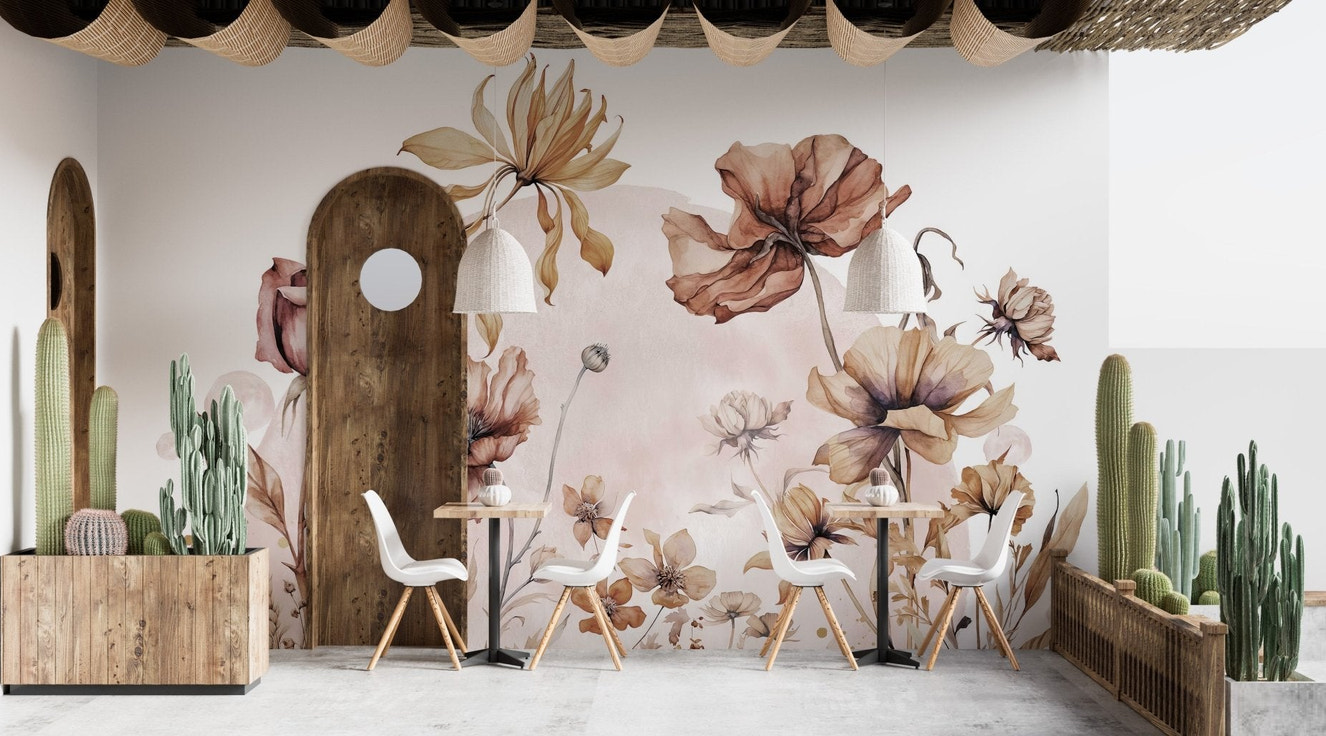 Subtle wildflower linework wallpaper wall mural with watercolor blush circle.
