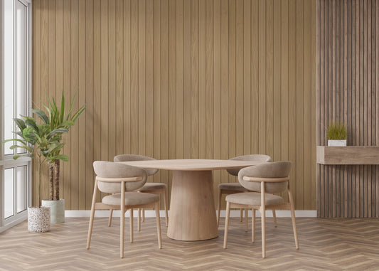 Rustic wood panels wall mural vertical plank wallpaper in oak color.