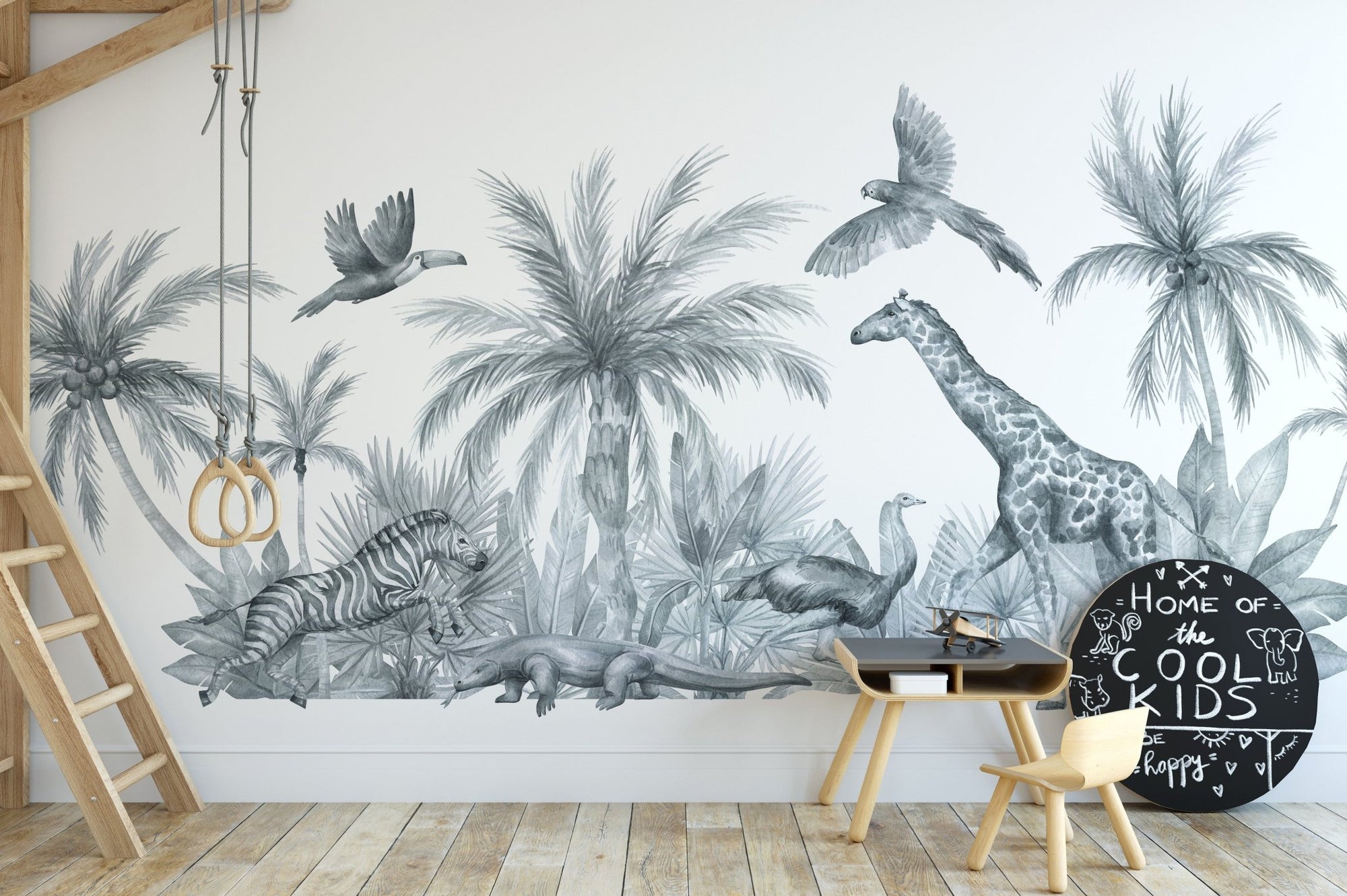 Safari Animals Sketch wall mural in a kids room.
