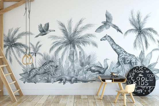 Safari Animals Sketch wall mural in a kids room.