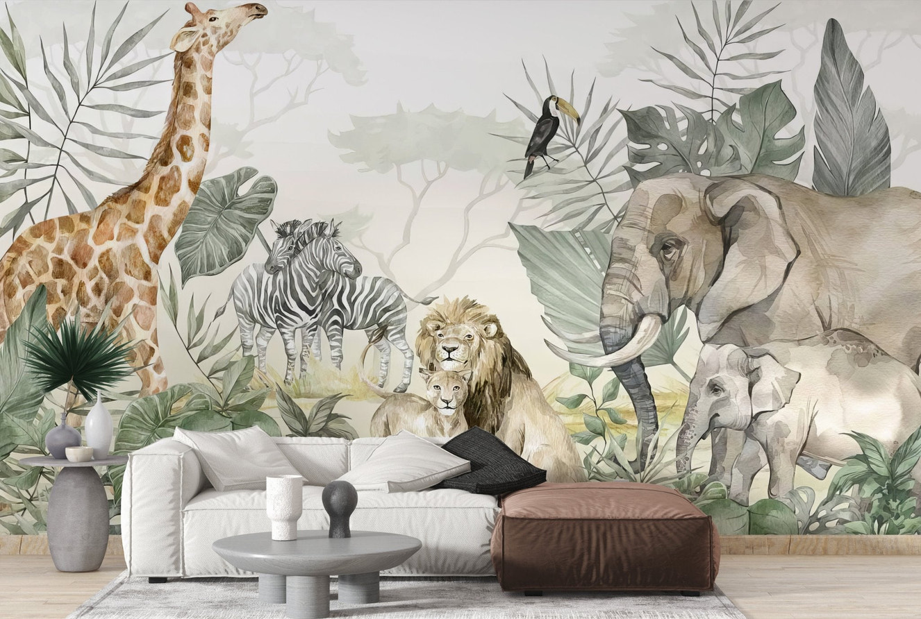 Artistic animal wallpaper mural with tropical plant background.