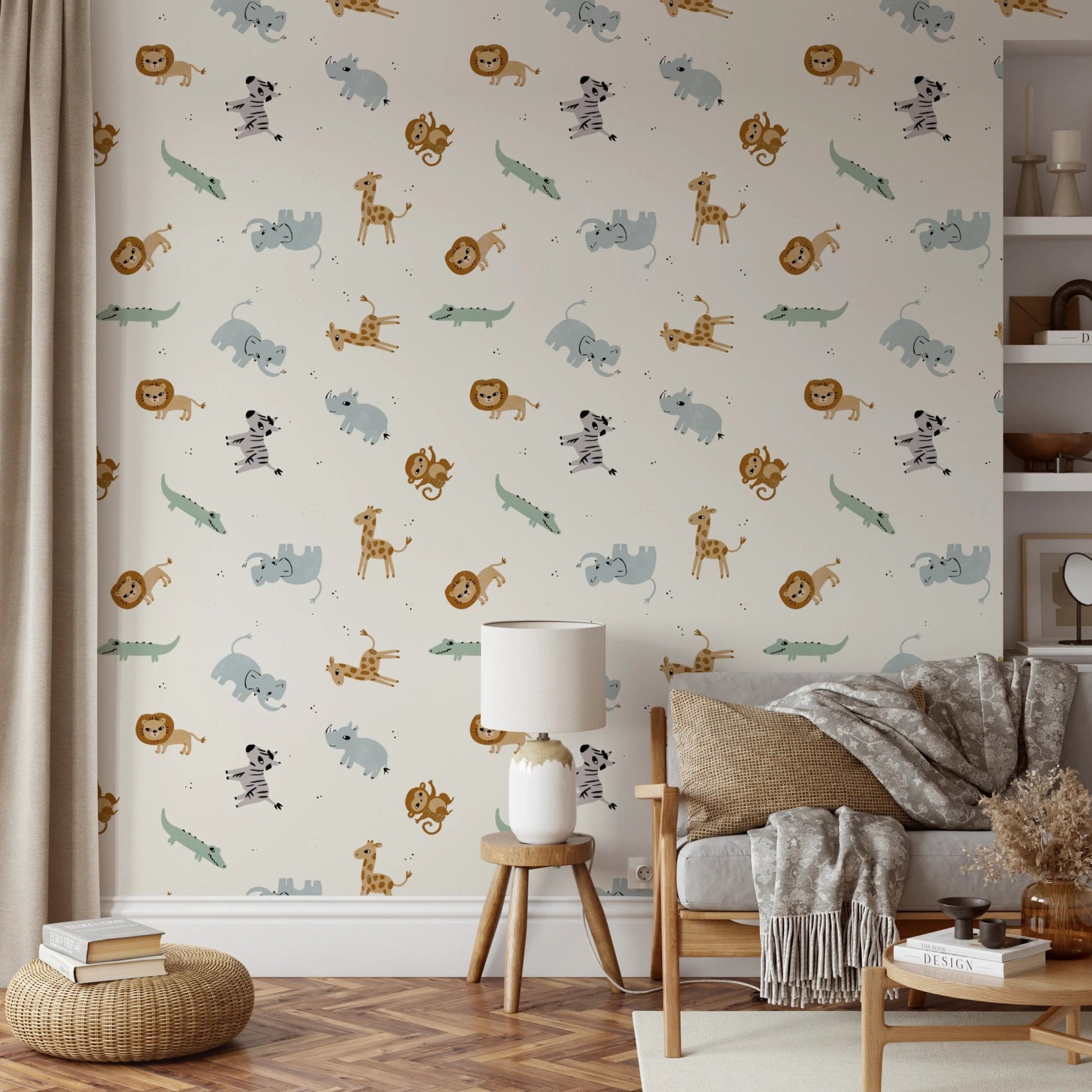 Kids room wallpaper with safari animals pattern