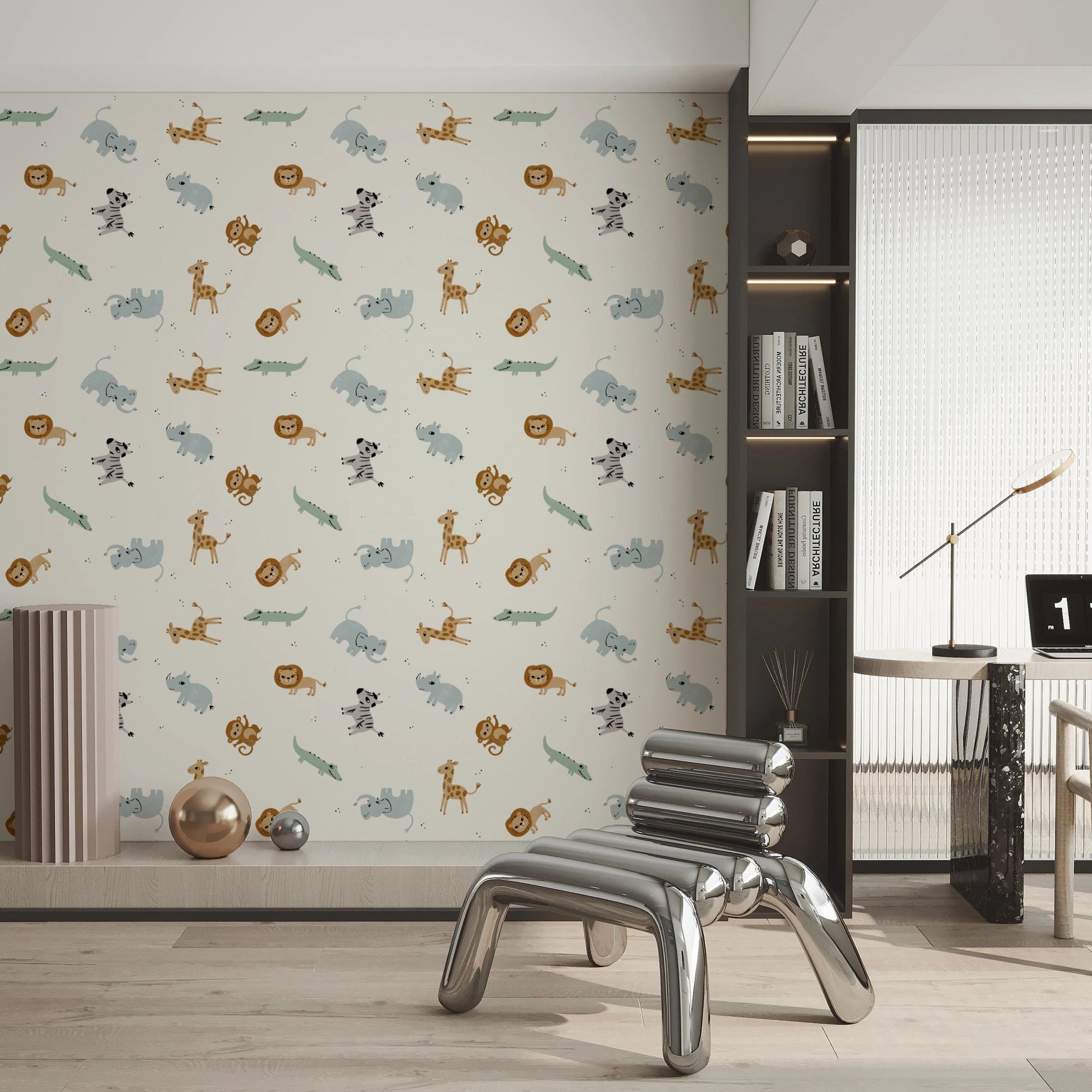Cartoon safari animal pattern wall covering for kids
