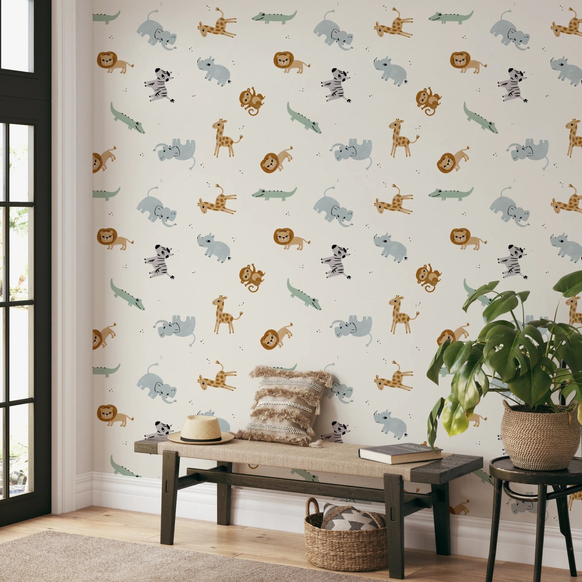 Fun safari friends pattern wallpaper for kids room