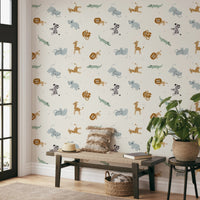 Fun safari friends pattern wallpaper for kids room