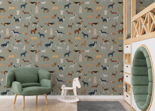 Safari green dogs breed pattern wallpaper featuring diverse illustrated pups.