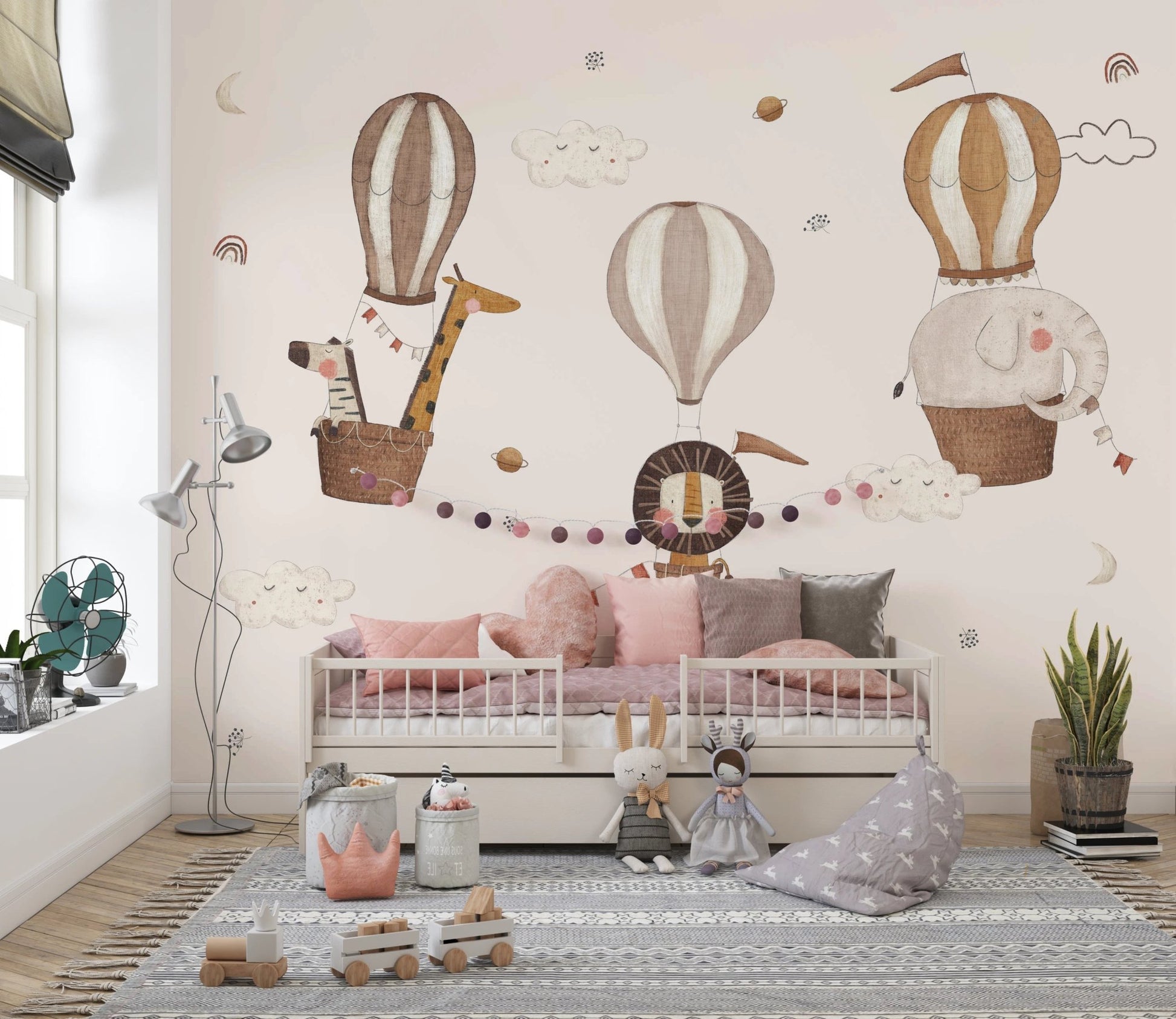 Neutral toned safari hot air balloons wallpaper with clouds and birds.