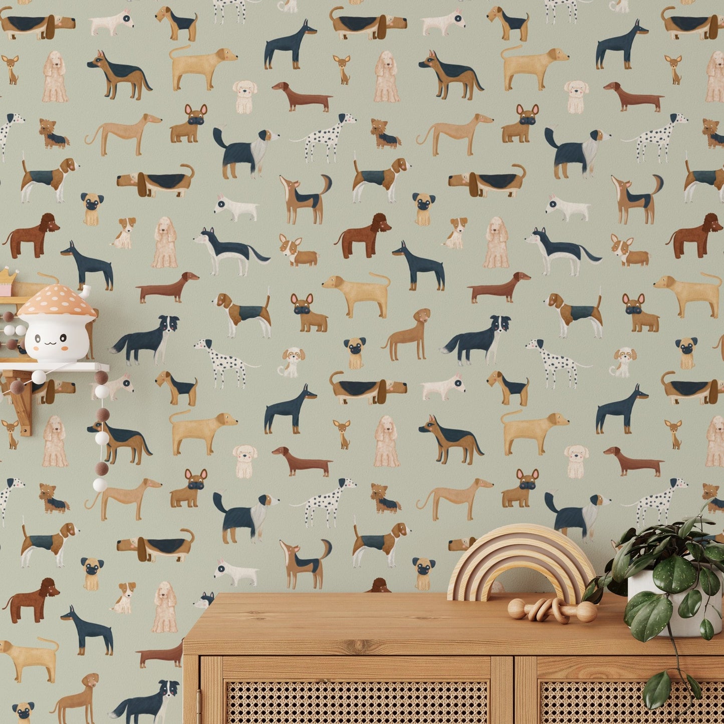 Sage Green Dogs Breed Pattern Wallpaper - Wallanza