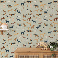 Sage Green Dogs Breed Pattern Wallpaper - Wallanza