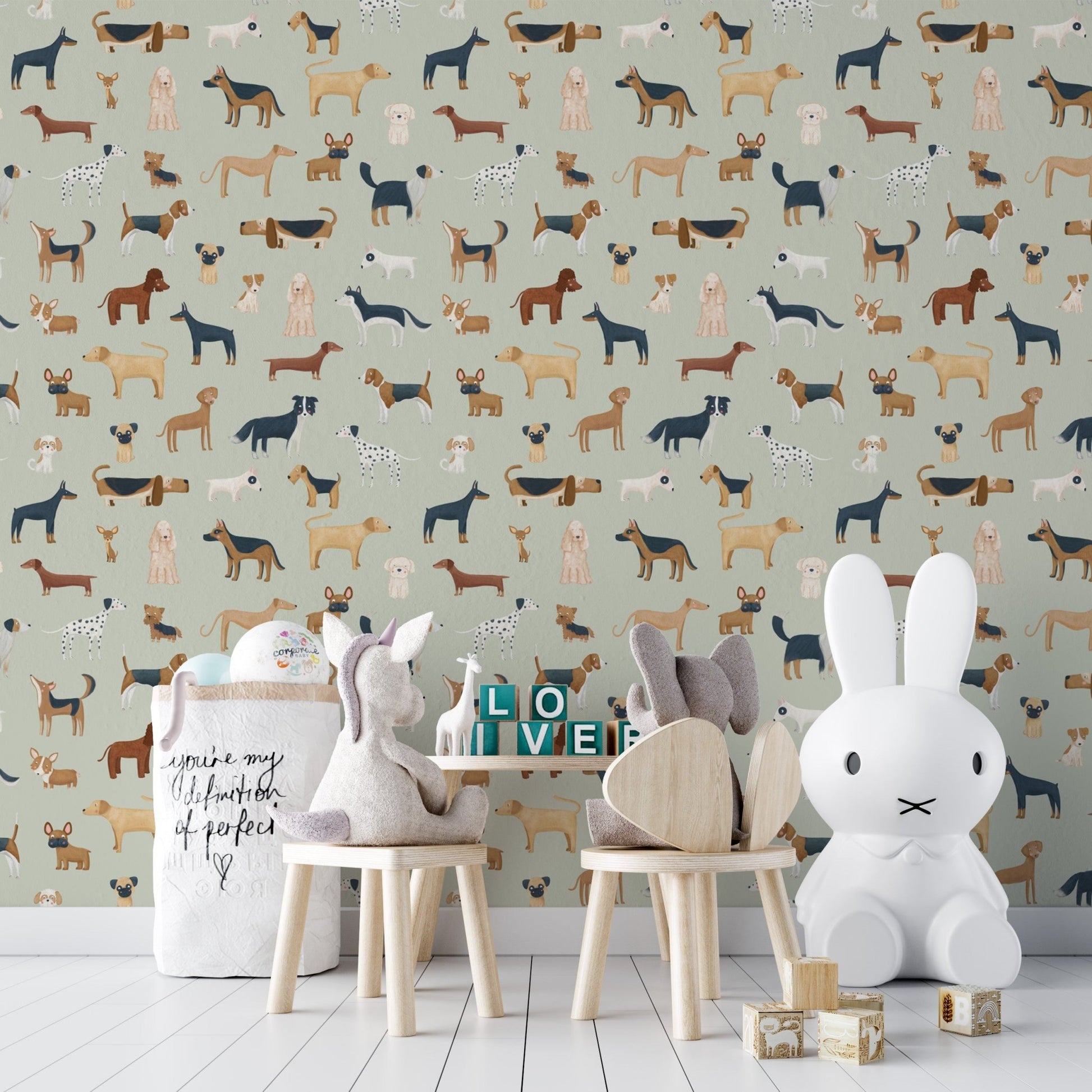Sage Green Dogs Breed Pattern Wallpaper - Wallanza
