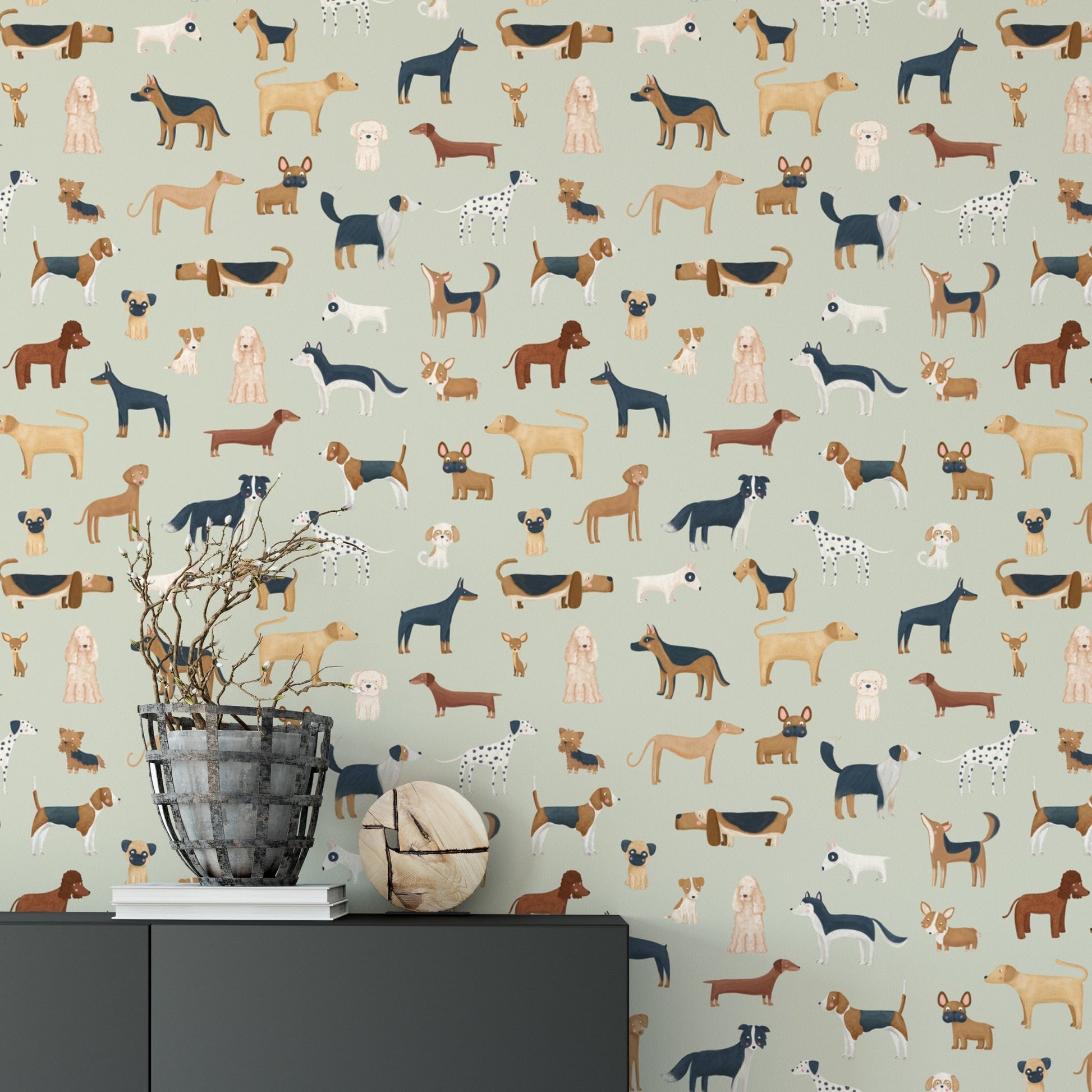 Sage Green Dogs Breed Pattern Wallpaper - Wallanza