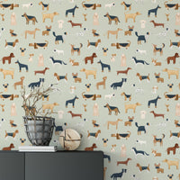 Sage Green Dogs Breed Pattern Wallpaper - Wallanza