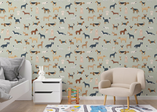 Sage green dogs breed pattern wallpaper with diverse illustrated pups.