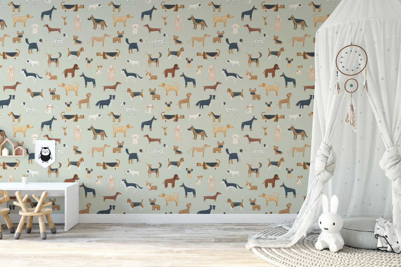 Sage Green Dogs Breed Pattern Wallpaper - Wallanza