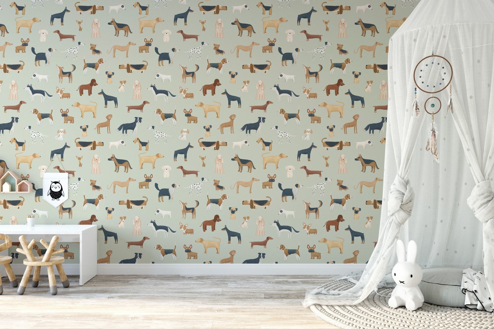 Sage Green Dogs Breed Pattern Wallpaper - Wallanza