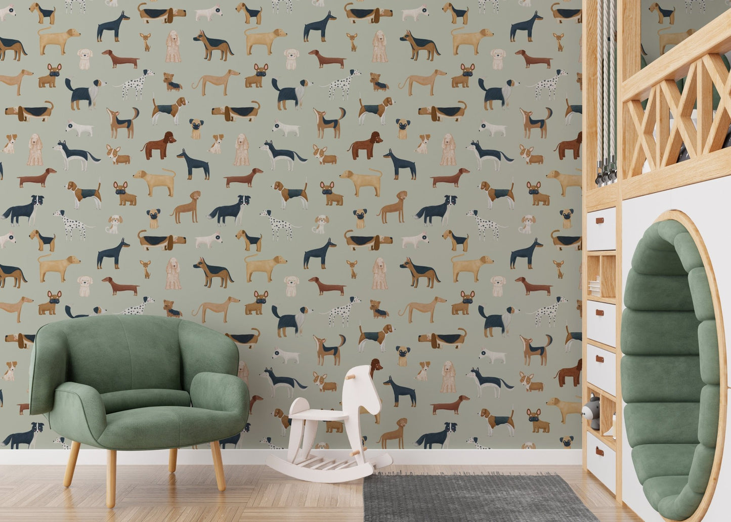 Sage Green Dogs Breed Pattern Wallpaper - Wallanza