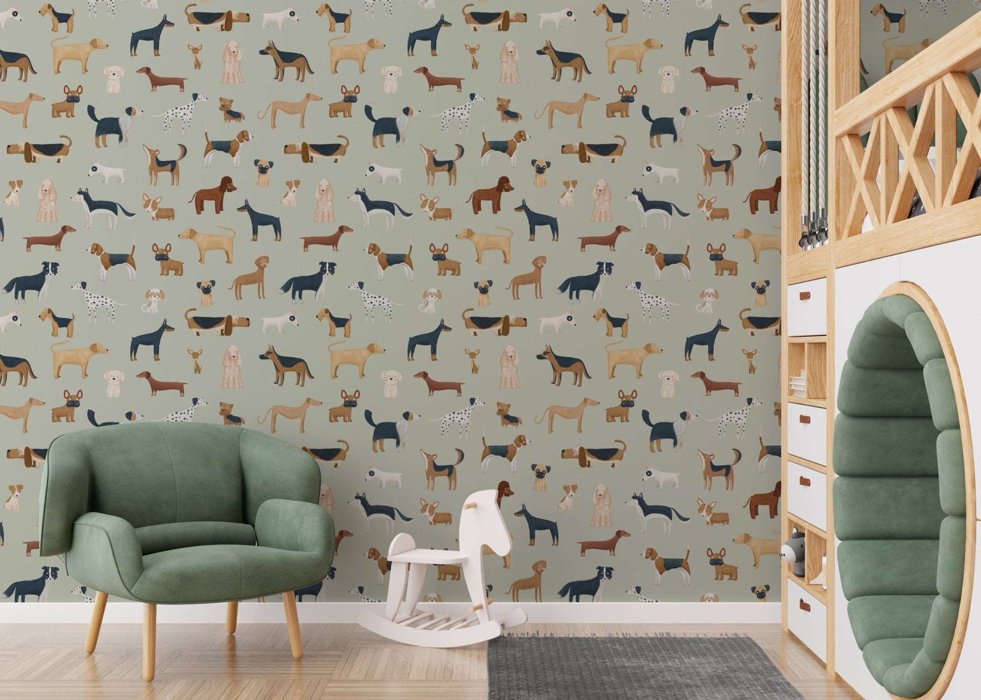 Sage Green Dogs Breed Pattern Wallpaper - Wallanza