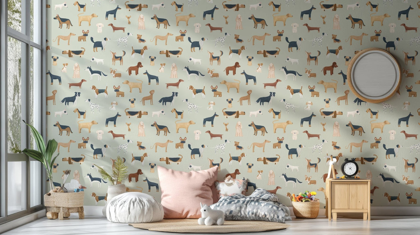 Sage Green Dogs Breed Pattern Wallpaper - Wallanza