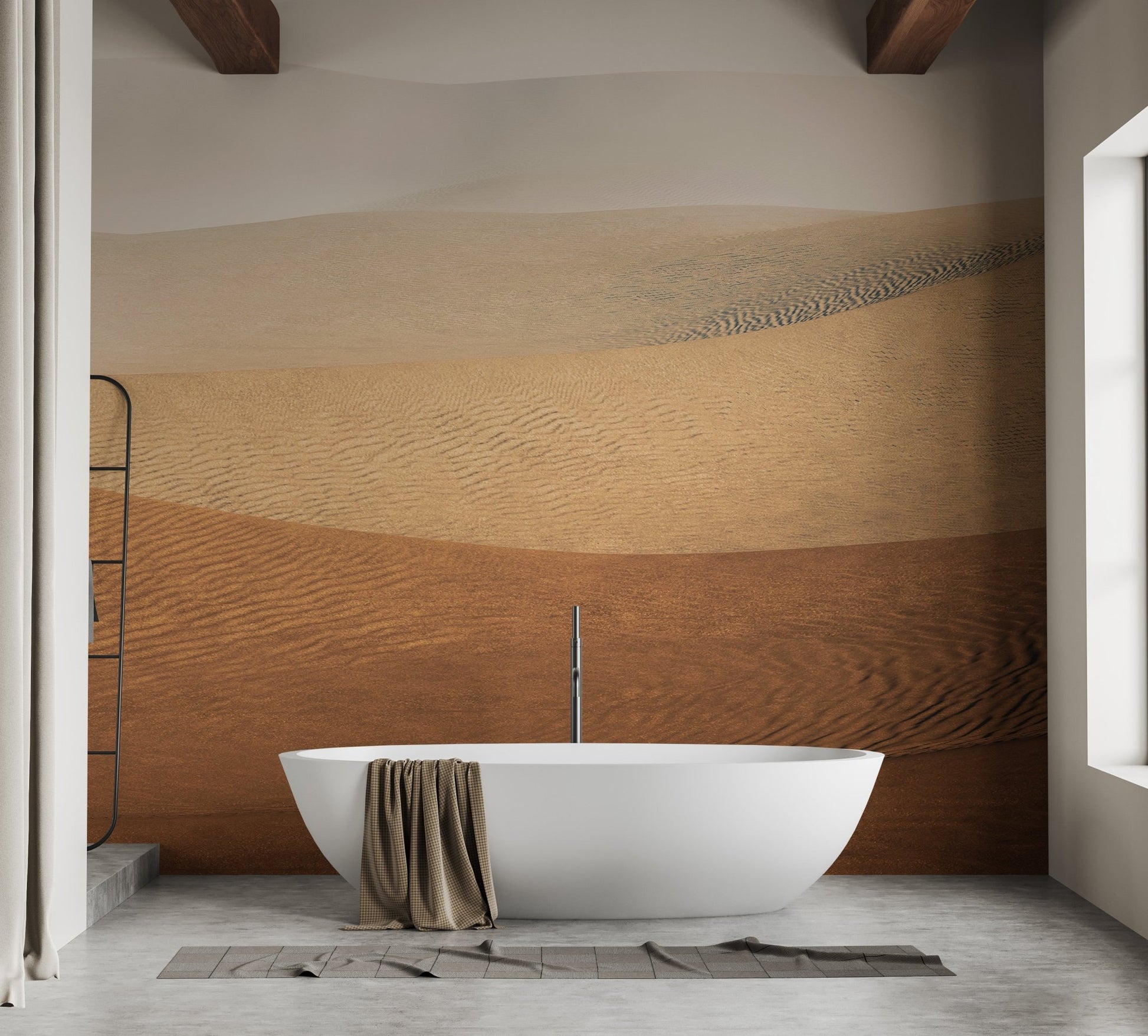 Bathroom feature wall with brown abstract sahara desert curves mural design.