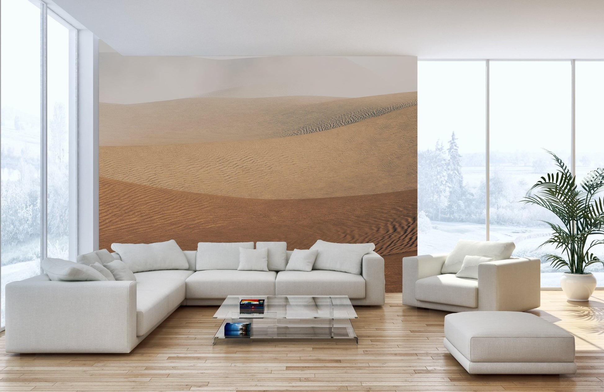 Living room interior featuring the Sahara Sandstorm Mirage Mural.