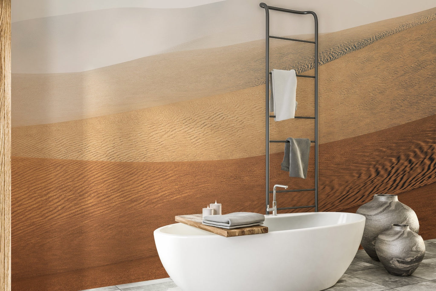 Modern bathroom design using a brown sahara desert landscape wall mural.