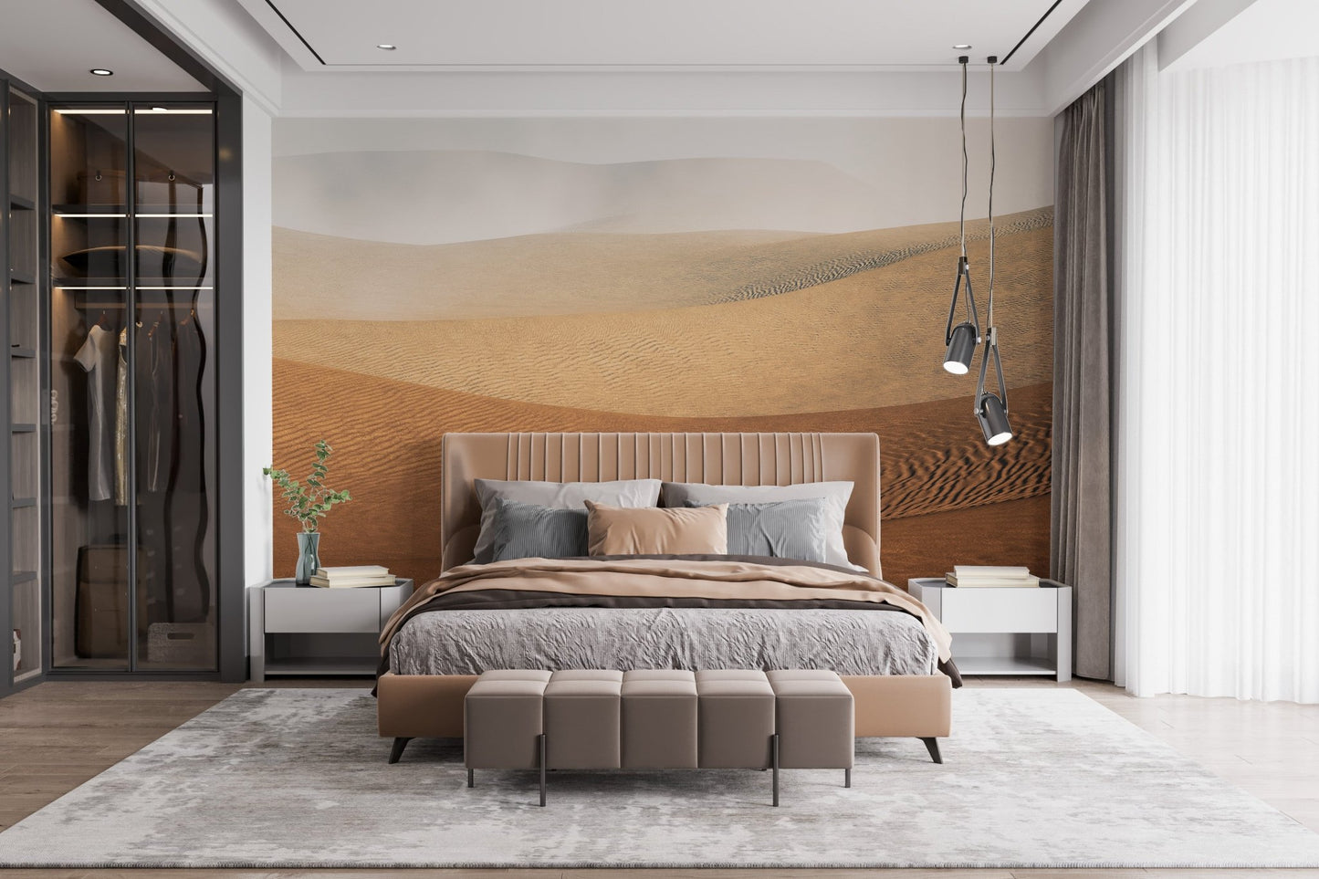 Minimalist bedroom decor with an elegant sand dune mirage wall mural.