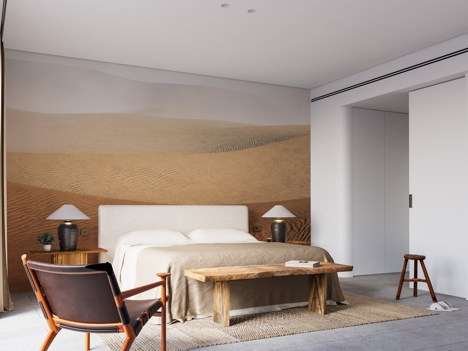 Bedroom feature wall with desert mirage landscape mural art.