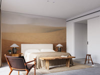 Bedroom feature wall with desert mirage landscape mural art.