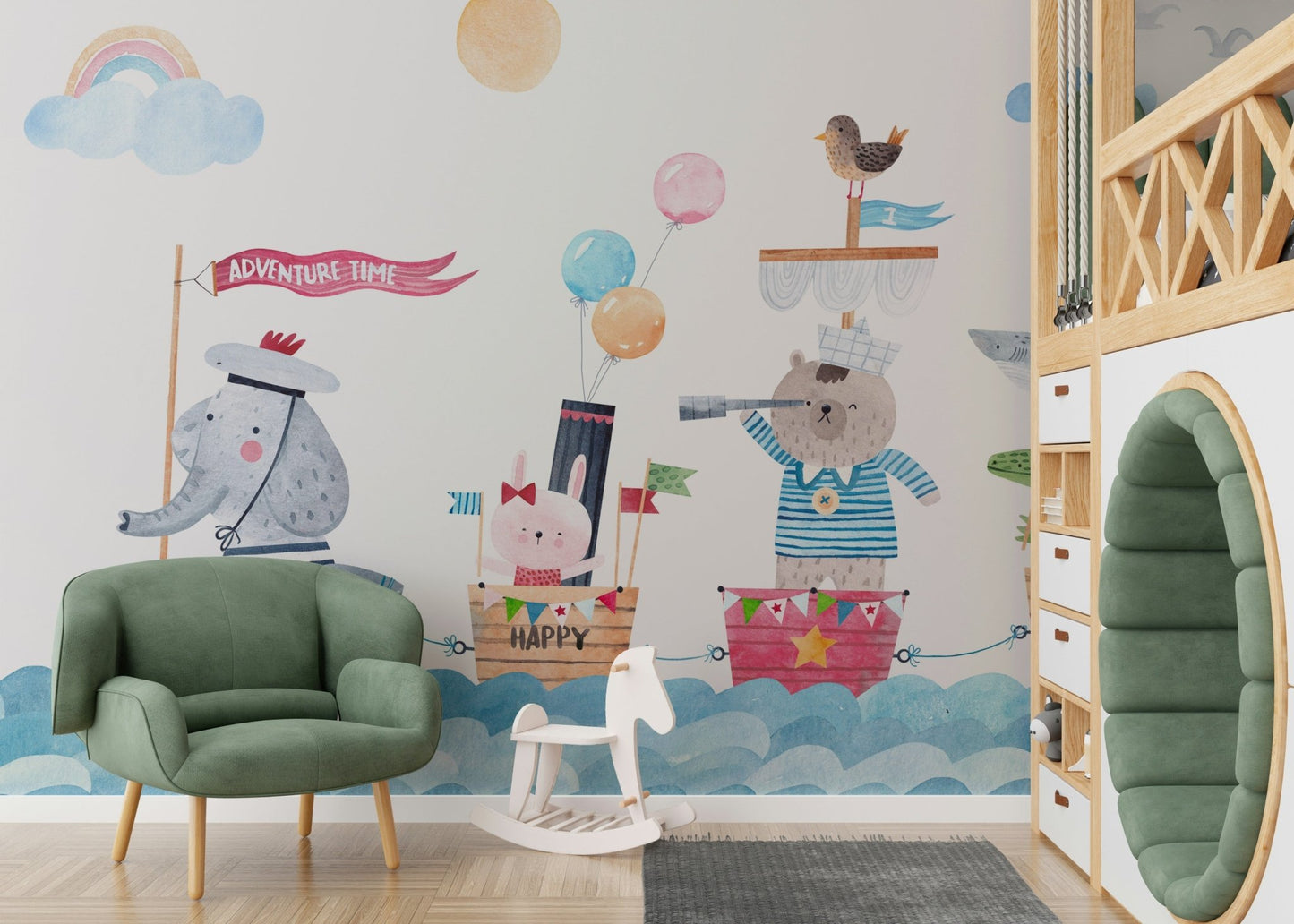 Coastal style animal mural for a bright nursery.
