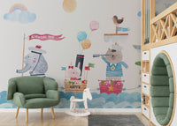 Coastal style animal mural for a bright nursery.