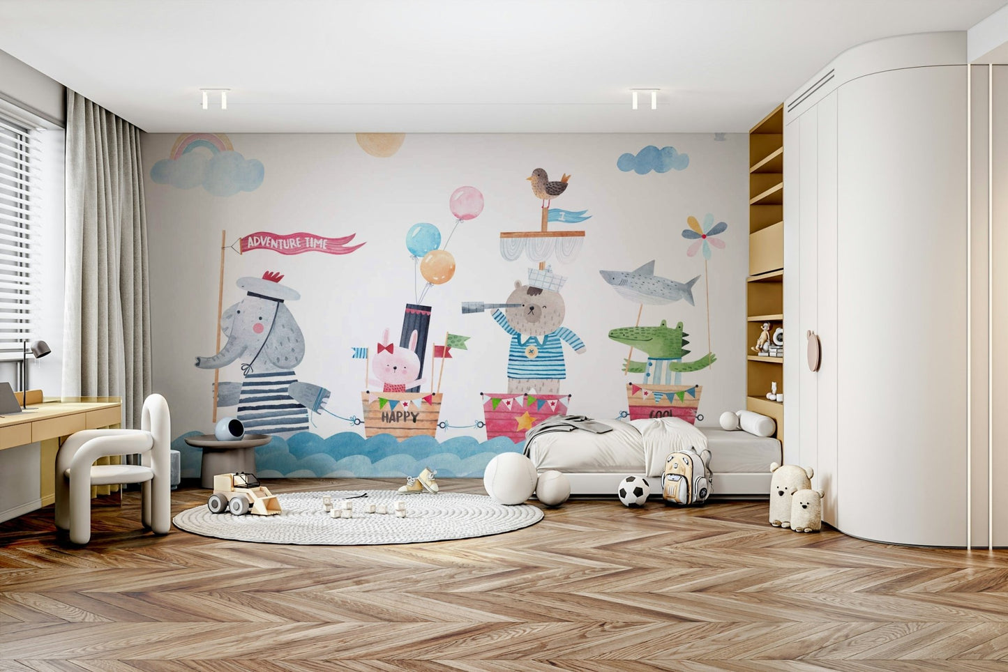 Sailor Buddies mural used as a nursery accent wall.