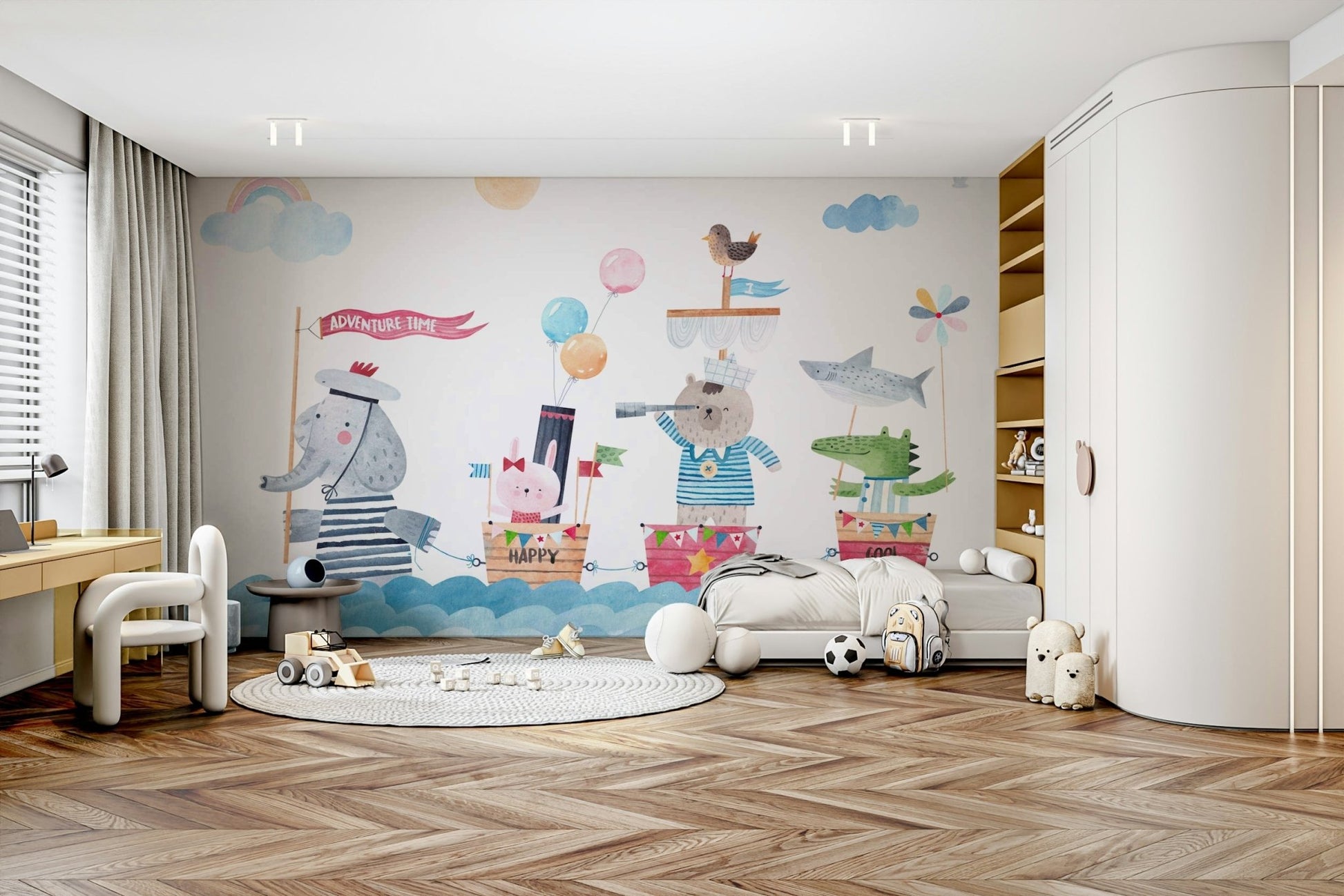 Sailor Buddies mural used as a nursery accent wall.