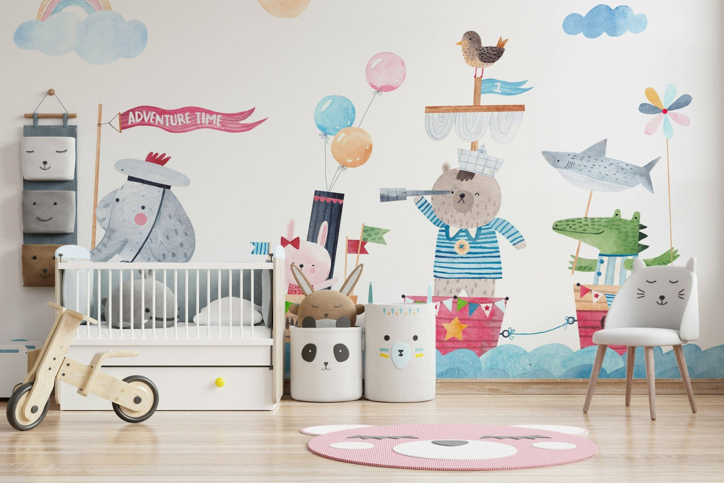 Soft watercolor mural featuring ocean animal friends.