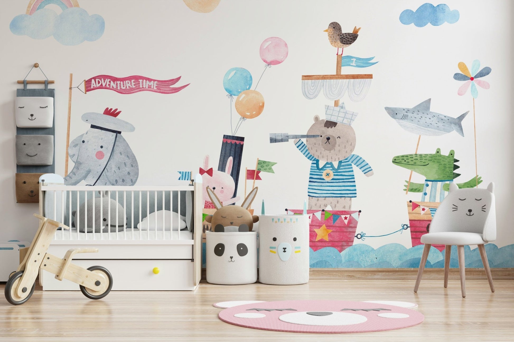 Soft watercolor mural featuring ocean animal friends.