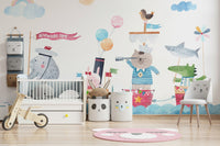 Soft watercolor mural featuring ocean animal friends.