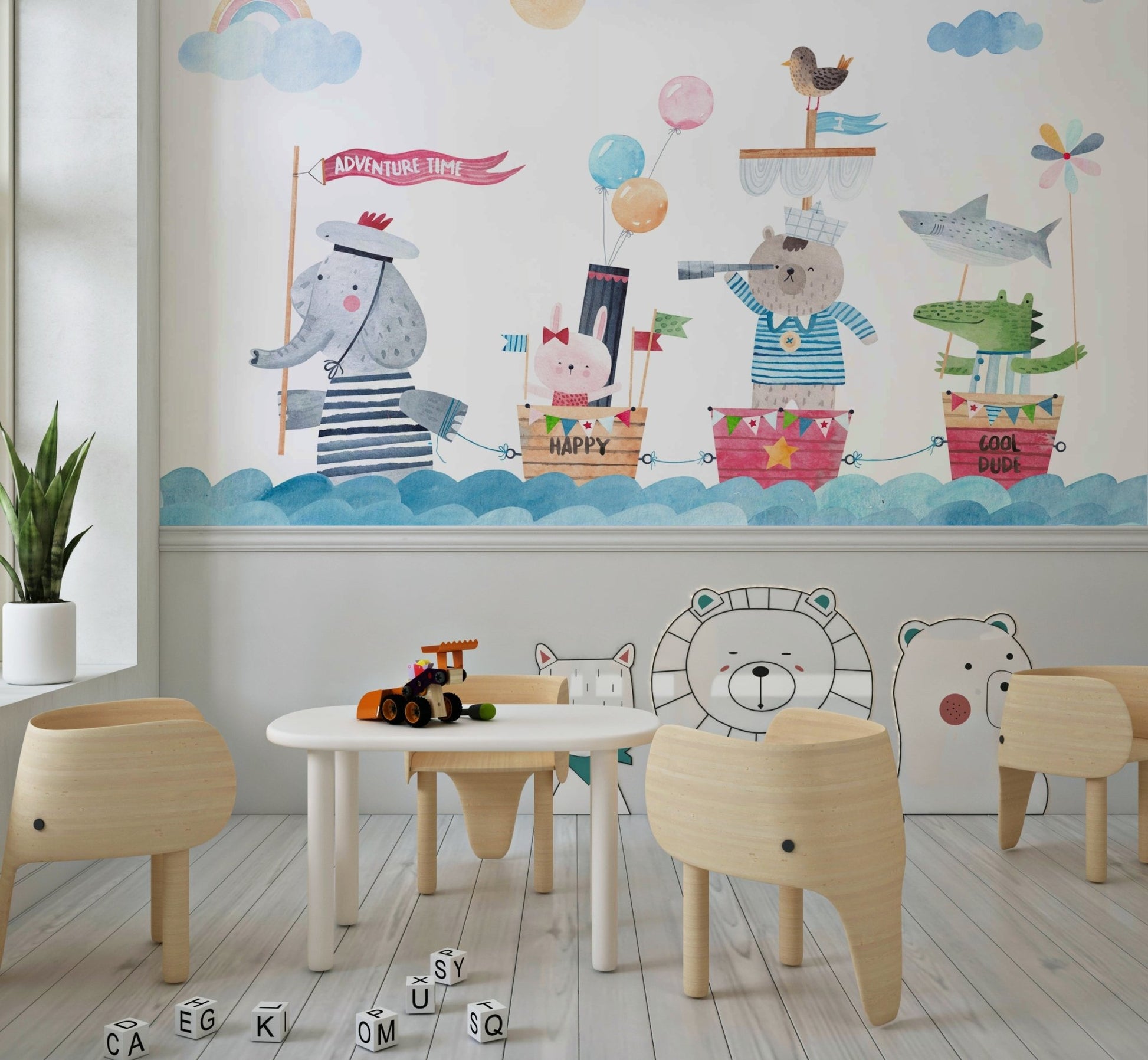 Nautical wallpaper with cute animals for kids' rooms.