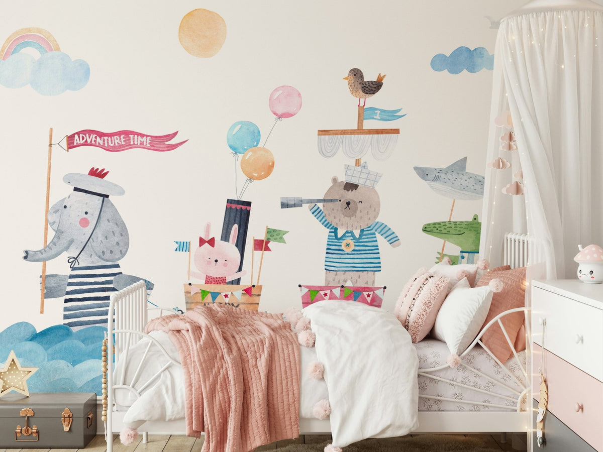 Sailor Buddies Watercolor Wall Mural featuring a bear on a boat wallpaper
