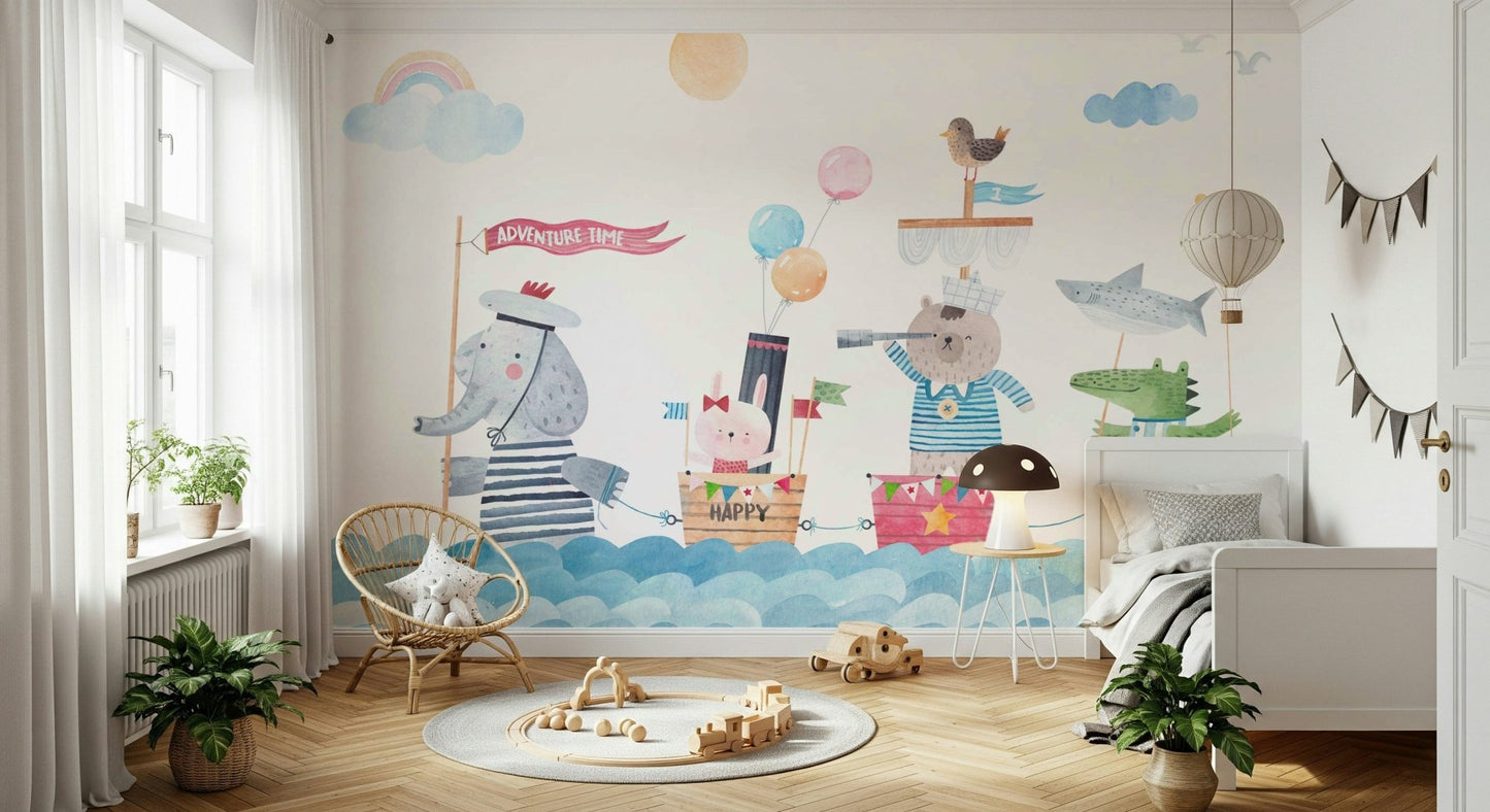Playful seafaring animal wallpaper in a toddler room.
