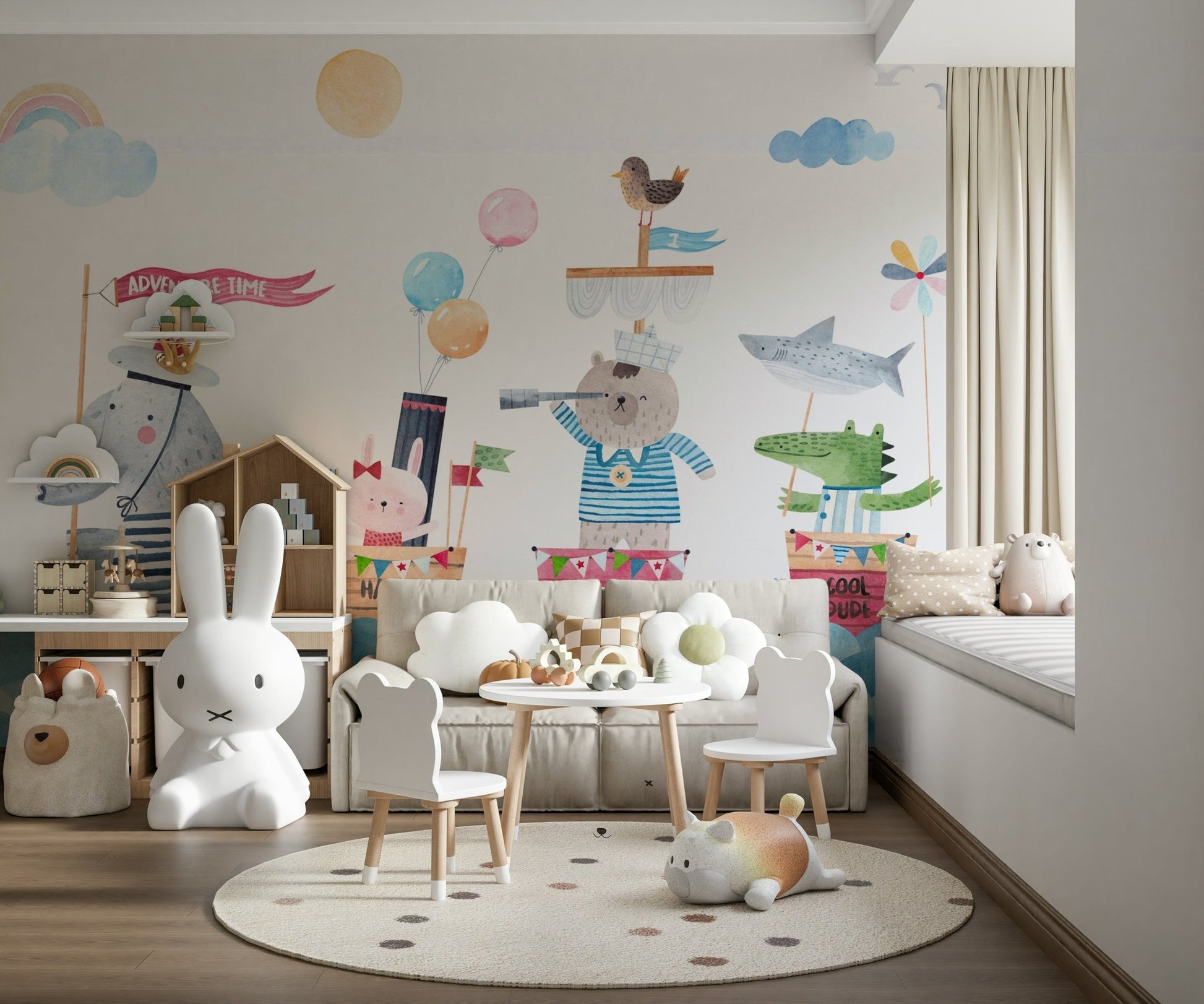Watercolor animal mural for a nautical playroom.