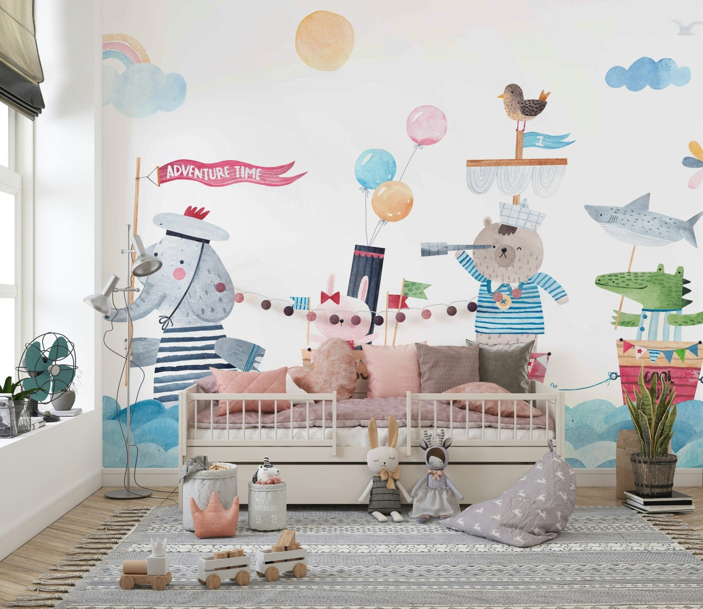 Sailor Buddies Watercolor Wall Mural in a cozy den.