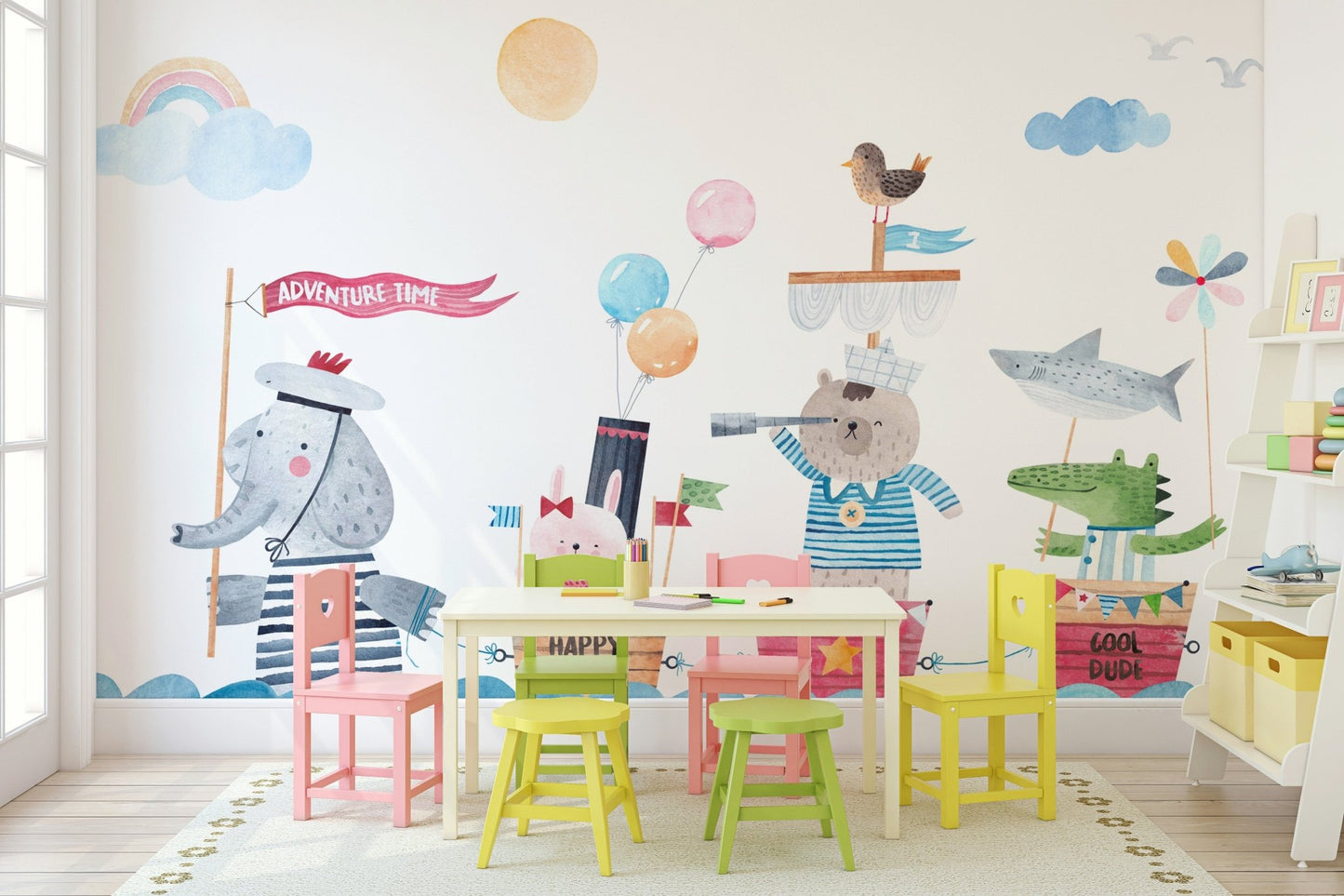Soft watercolor mural featuring ocean animal friends.