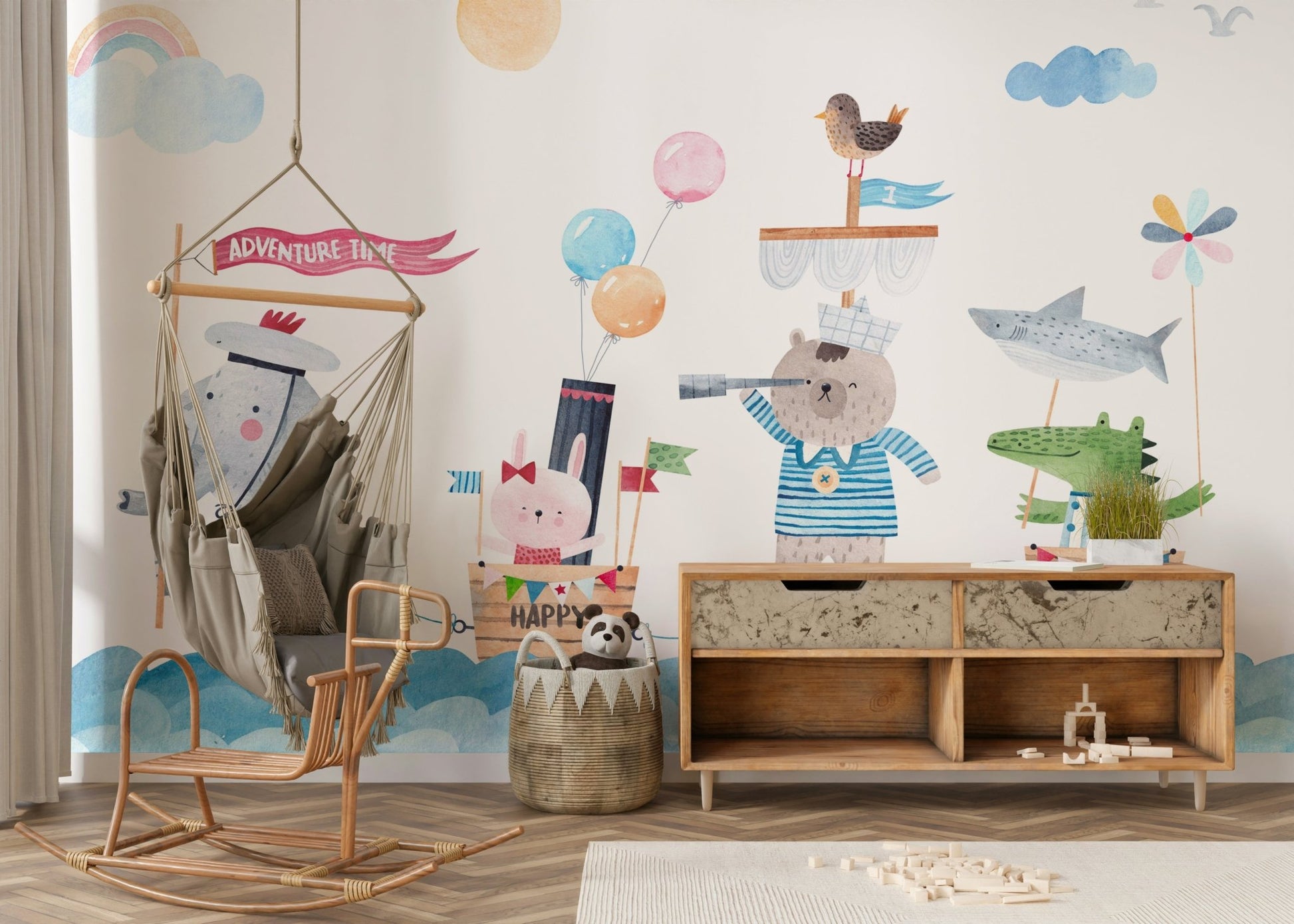 Sailor Buddies mural in a blue boy's nursery.