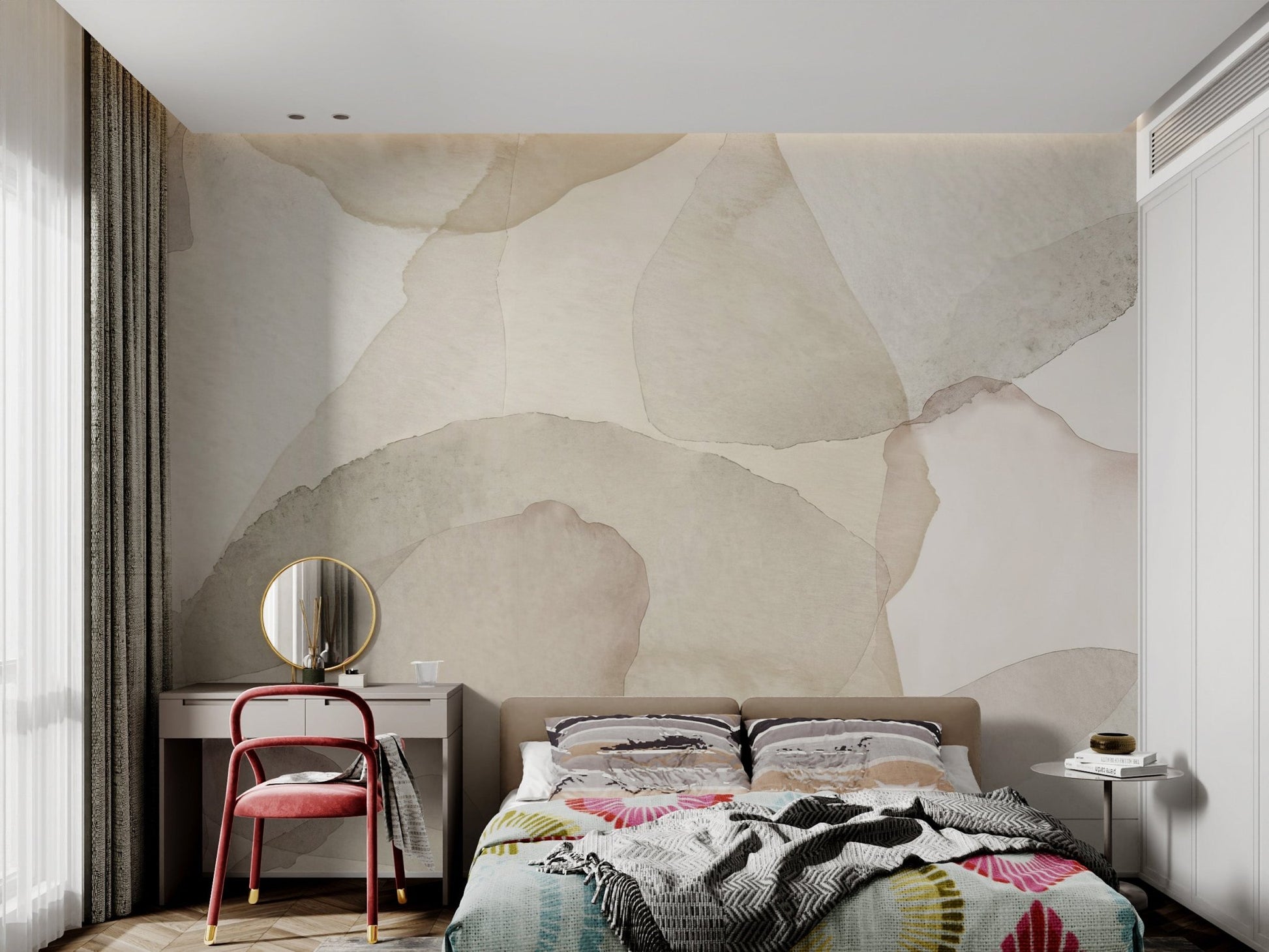 Muted beige and gray petals blend gracefully in an abstract wall mural.