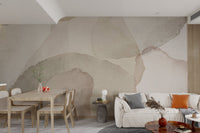 Minimalistic living room wall mural with neutral watercolor resembling petals.